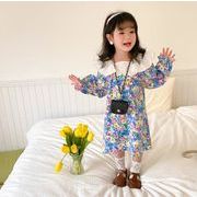 春秋　子供ワンピース　女の子　韓国子供服　花柄　大きい襟　長袖　ワンピース　韓国ファッション