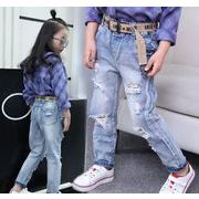 子供パンツ　男女兼用　定番　キッズジーンズ 120-160　デニムパンツ　ダメージデニムパンツ　ボトムス