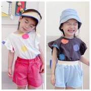 韓国風子供服、2022年夏の新作半袖、ガールズパフスリーブTシャツ、女の子のコンフォートトップ