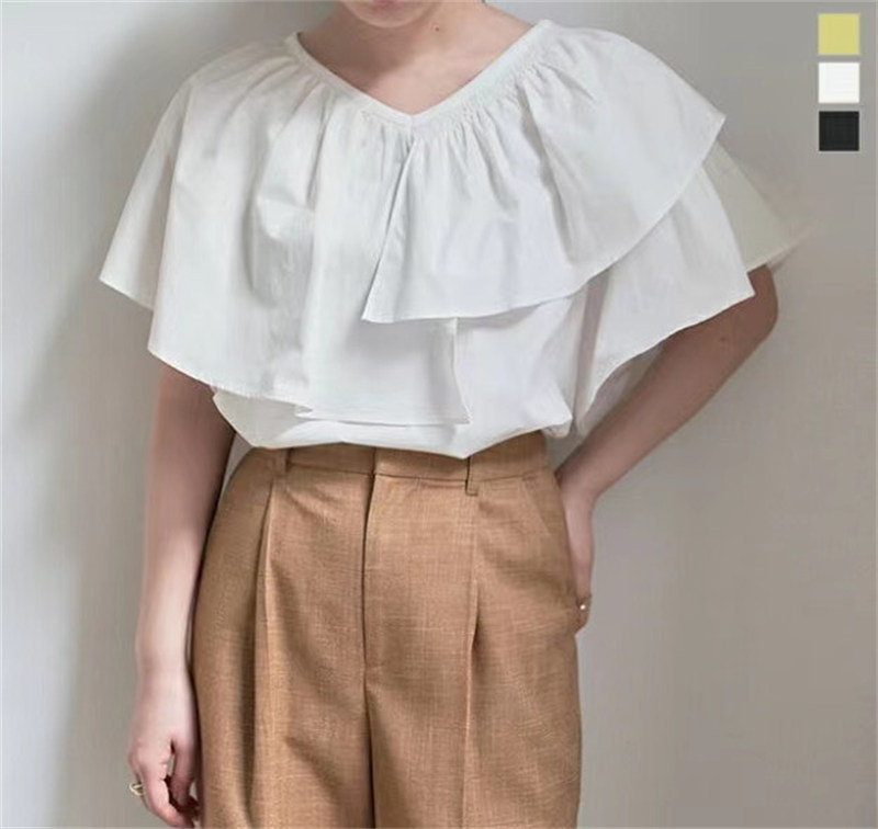 INS 夏新作 カジュアル ゆったり 韓国系 ファッション ラフリル袖 ギャザー シャツ