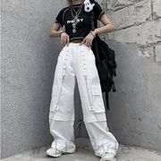 ワイドワークパンツ韓国ストリートダンス衣装オルチャン原宿系チェーンカーゴ個性白HIPHOPボトムス