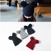 【特価】子供ハット　可愛い帽子　２タイプ　ニット帽　韓国風　冬   帽子　耳つき　６色　ボンボン