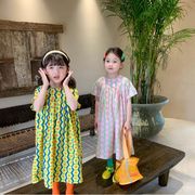 夏 韓国ファッション ストライプ 半袖花柄ワンピース　フリル シフトドレス　子供服　キッズ