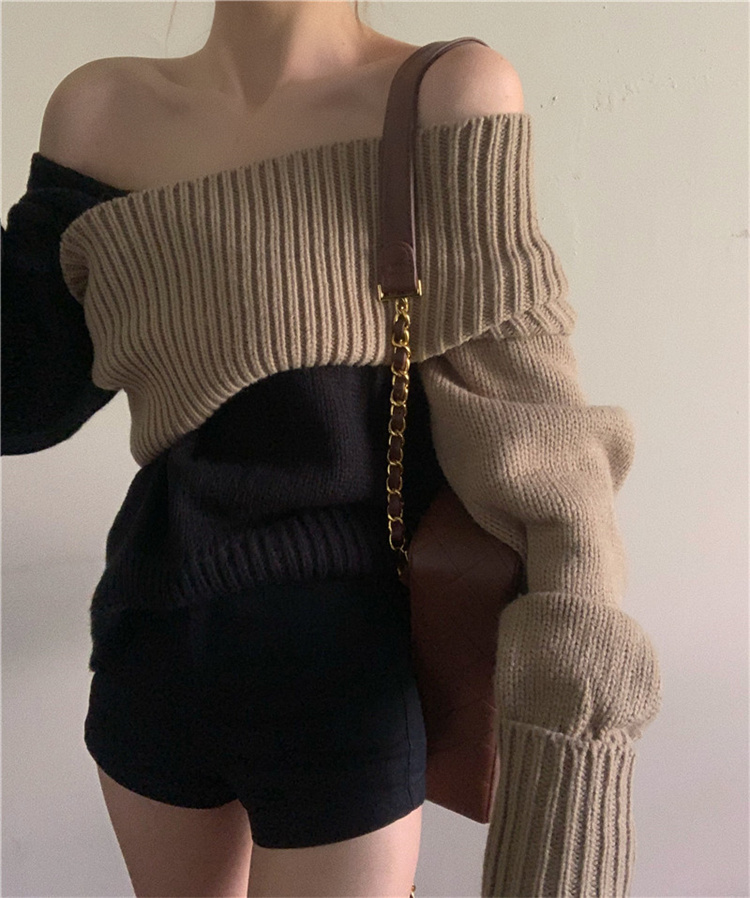 話題の注目アイテム 韓国ファッション セーター スリム オフショルダー 新品 カラーマッチング