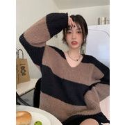 INS 秋新作 超人気 韓国系ファッション Vネック 　ストライプ 柄 　    長袖　セーター