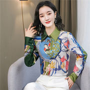韓国ファッション新品　シフォンプリントブラウス レディース　長袖