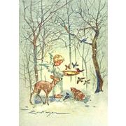 ポストカード アート クリスマス ケーガー「森の小鳥に餌をやる天使」名画 郵便はがき