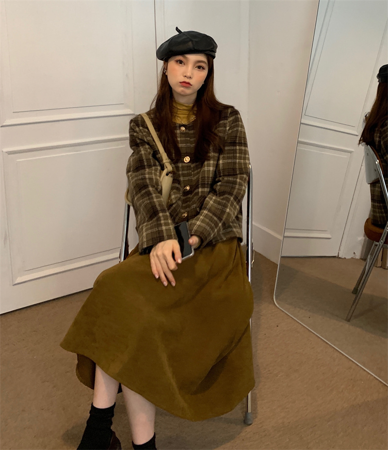 2022冬INS★ファッション　韓国風 レトロ チェックブレザコート　スカート　ツーピース　