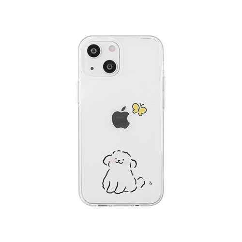 AKAN ソフトクリアケース for iPhone 14 ワンちゃんと蝶々 背面カバー型