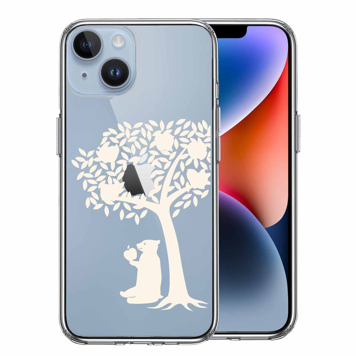 iPhone14 側面ソフト 背面ハード ハイブリッド クリア ケース リンゴ食べるクマ ホワイト