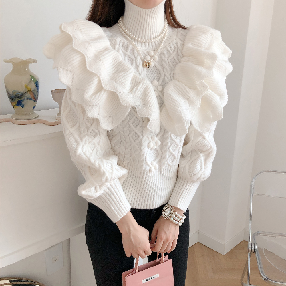 2022秋冬新作  韓国ファッション  フリル  暖かい  長袖   セーター  女   ハイネック  トップス