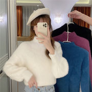 新しいデザイン　韓国風　セミハイ襟　手厚い　短いスタイル　ミンク　長袖　セーター