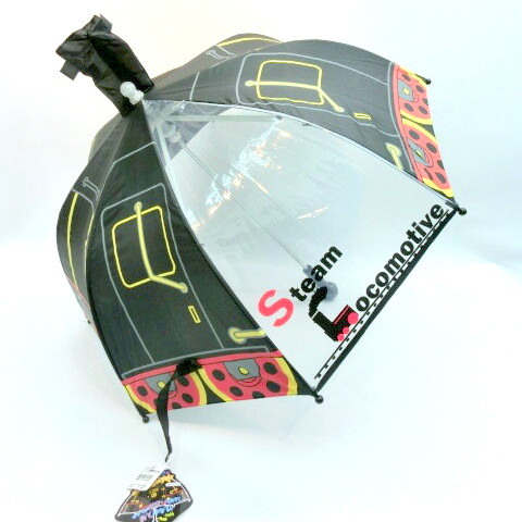 【雨傘】【ジュニア用】乗物傘・機関車サウンド＆ライト付1駒透明耳付き安全ロクロ手開き傘