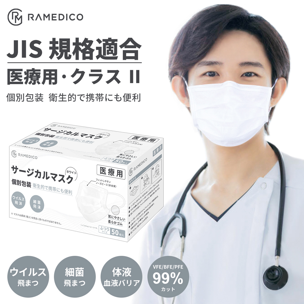 サージカルマスク 医療用 マスク JIS T9001 クラスII 個包装 ふつうサイズ WHITE 白 日本産業規格適合