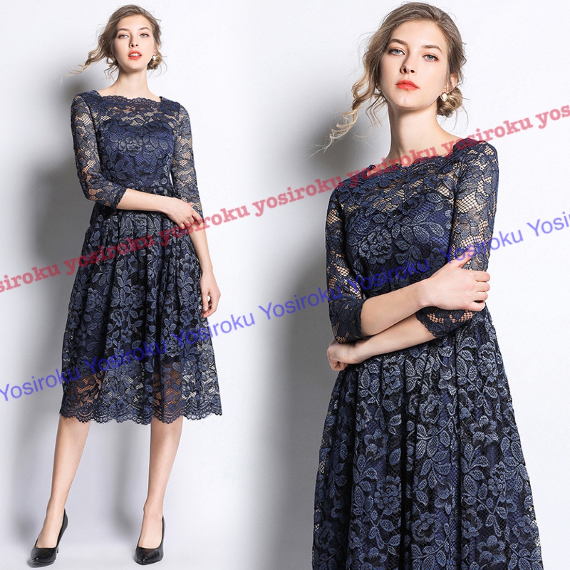 S～4L★ファッション パーティー  結婚式 上品感 スクエアネック 花柄総レースドレスワンピース