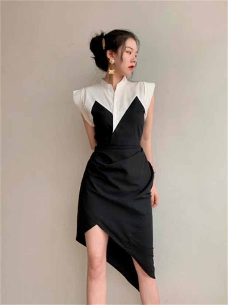私のスタイルcool 韓国ファッション 黒いスカート 夏 スリム イレギュラー ワンピース  シャツワンピ
