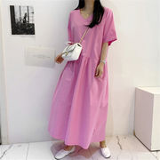 韓国ニーカジュアルロングスカート2023夏新作韓国ゆったり大きいサイズ半袖ワンピース