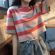 2023夏新作韓国ゆったり虹のストライプ半袖Tシャツ女子学生ショート丈おへそ出しトップス
