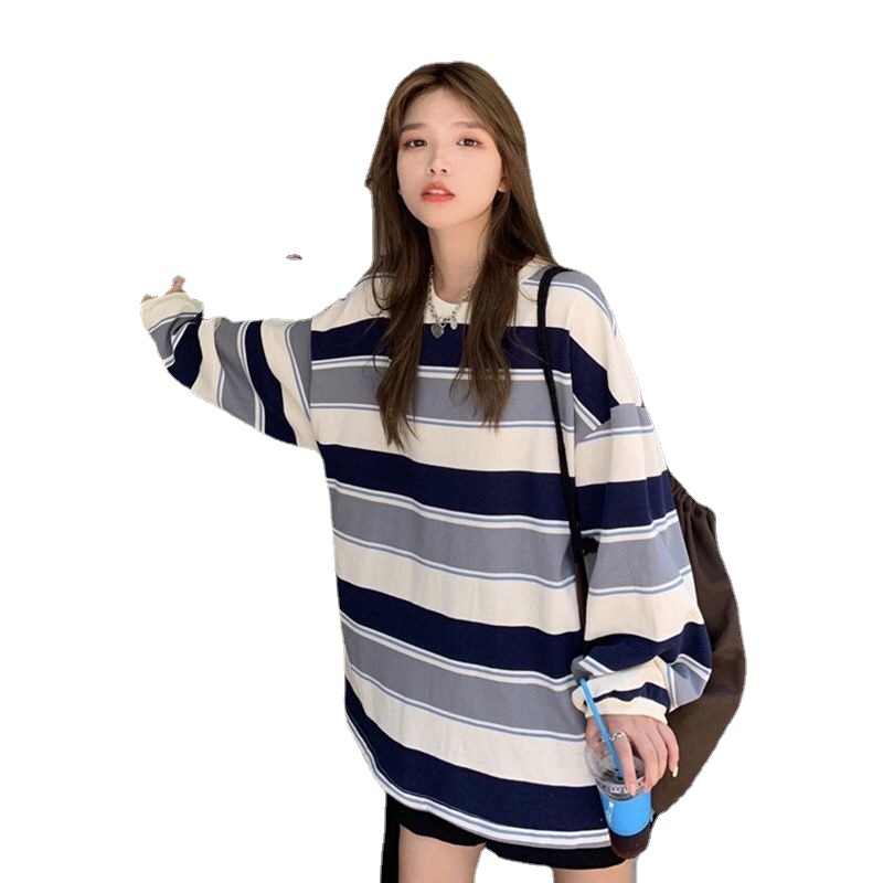 2023新作韓国ゆったりストライプ長袖Tシャツ女性ネット人気学生薄手でファッション