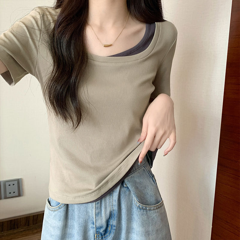 夏　トップス　Tシャツ　半袖　韓国ファッション　コットン　綿　ゆったり　無地　薄手