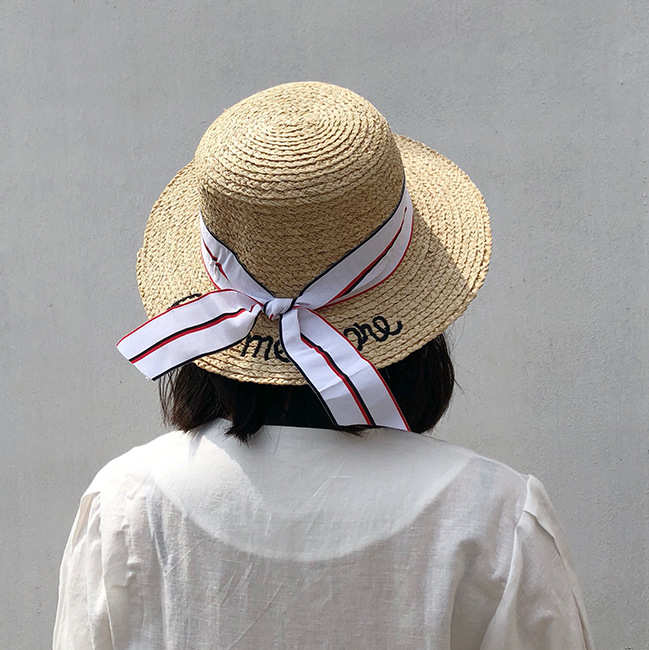 韓国夏リボンラフィー麦わら帽子レディースリゾート日よけサンバイザー編み太陽帽子