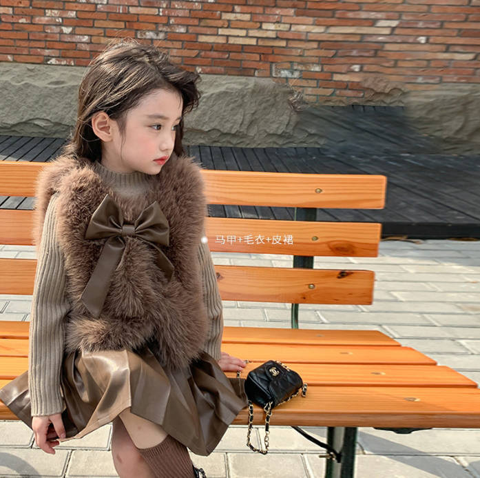 冬新作 韓国子供服 ベビー ベスト チョッキ もふもふ スカート ニット