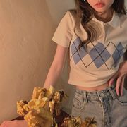 夏　トップス　Tシャツ　半袖　韓国ファッション　レディース 　薄手　チェック柄　通気　ポロネック