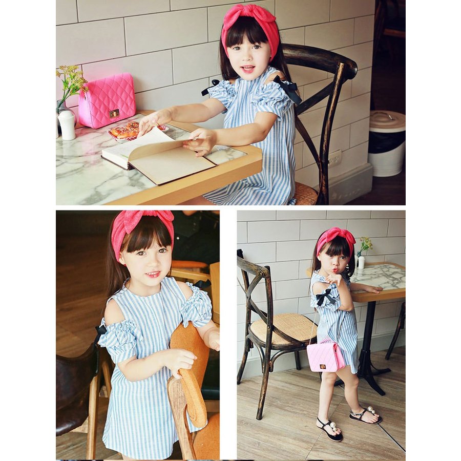 子供服 女の子 ワンピース 韓国子供服 オフショルダー オープ ストライプ柄 カジュアル