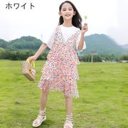 韓国子供服 女の子 ワンピースセット 夏服 新作半袖 Tシャツ+袖なしワンピース ドット柄