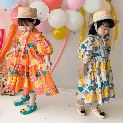 夏 韓国風子供服 ガール ボタニカル パフスリーブ シフトドレス ワンピース ゆったり ワンピ 7-15