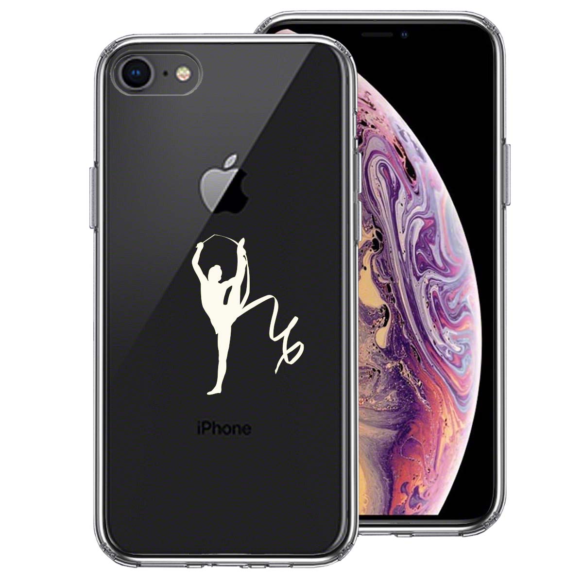 iPhone7 iPhone8 兼用  側面ソフト 背面ハード ハイブリッド クリア ケース 新体操 リボン ホワイト