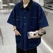 2023夏　メンズ服　韓国風　デニム色　半袖シャツ　カジュアル　大きいサイズ　ストリート系
