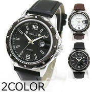 24時間表示インデックスと日付カレンダー 装飾ベゼル 革ベルト クオーツ WSQ005 メンズ腕時計