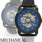 自動巻き腕時計 シンプルスケルトンデザイン ブラックケース 革ベルト 機械式 WSA026-BLU メンズ腕時計
