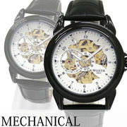 自動巻き腕時計 シンプルスケルトンデザイン ブラックケース 革ベルト 機械式 WSA027-WHT メンズ腕時計