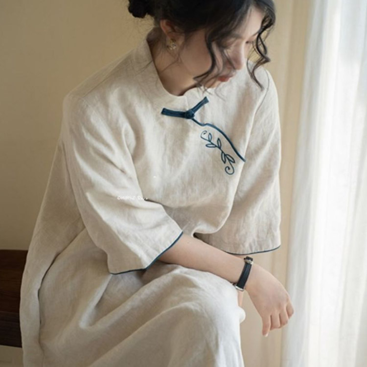 綿麻 チャイナドレス ワンピース 半袖 チャイナボタン 春夏