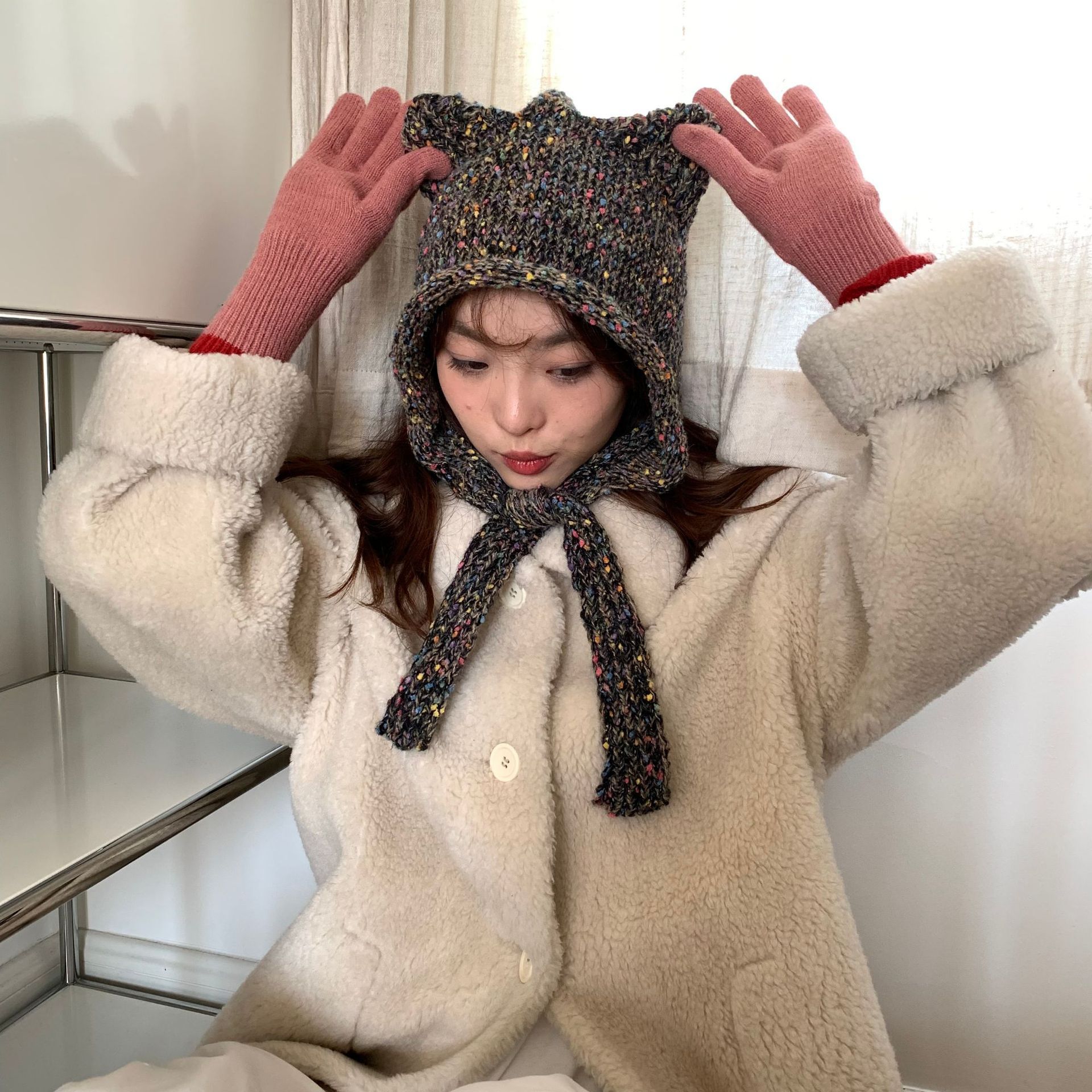 ニット帽子 レディース帽子 韓国ファッション 猫耳 リボン 秋冬
