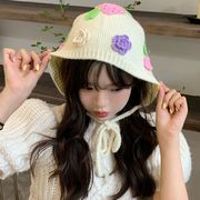 ニット帽子　リボン付き　レディース帽子　デザイン　韓国ファッション　秋冬　花柄