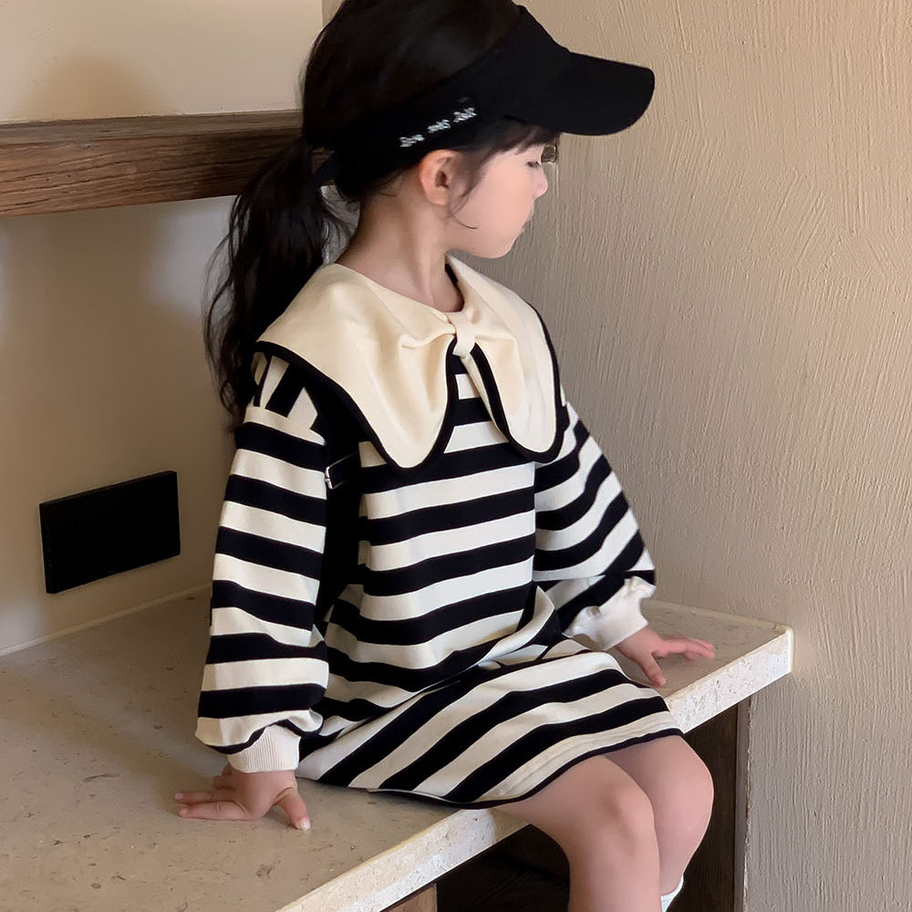 ★Girls★　子供ワンピース　リボン襟　ボーダー　ロングパーカー　韓国キッズファッション