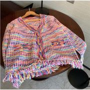 細見えする 韓国ファッション 秋 カラー編み カーディガン 韓国 2023新作 ツイードジャケット vネック