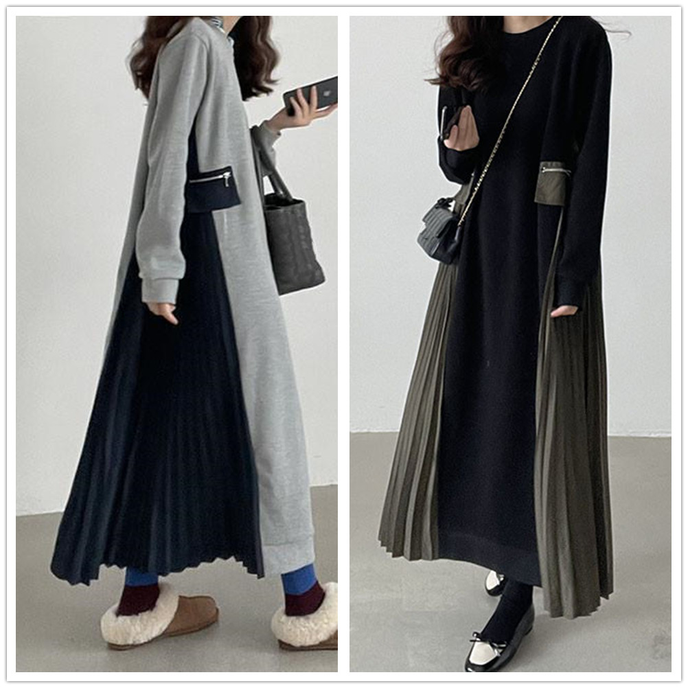 2026年秋新作 ワンピース レディース ロング丈 プリッツワンピース 長袖 気質 ラウンドネック