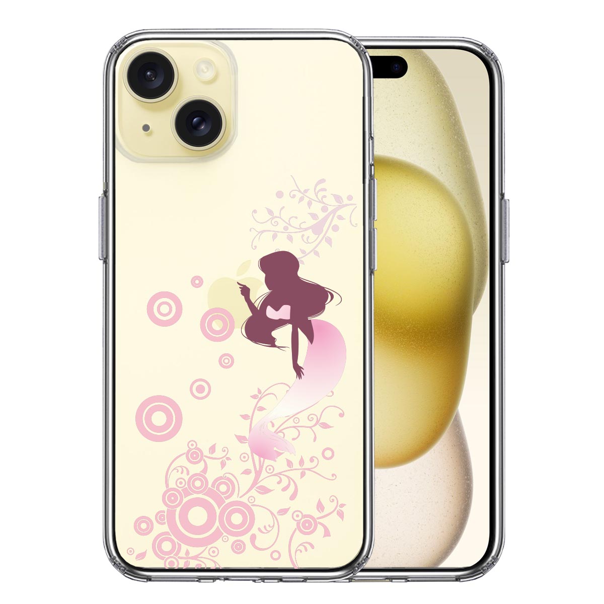 iPhone15 側面ソフト 背面ハード ハイブリッド クリア ケース マーメイド 人魚姫 ピンク