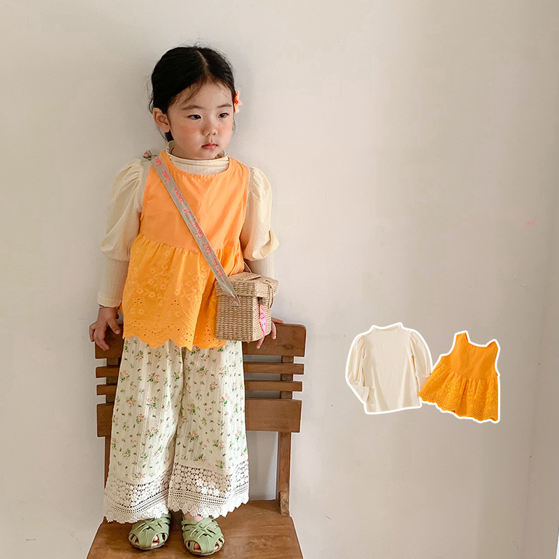 ガールズトップ2ピースセット レースのチョッキ+ 長袖ボトミングシャツ 韓国子供服