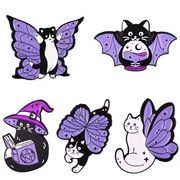 紫色の翼の猫 魔法の帽子 蝶 コウモリ猫 メタルブローチ タックピン バッジ 猫雑貨