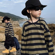 秋冬新作子供服、男の子、女の子、韓国風長袖Tシャツ、ボーダートップス