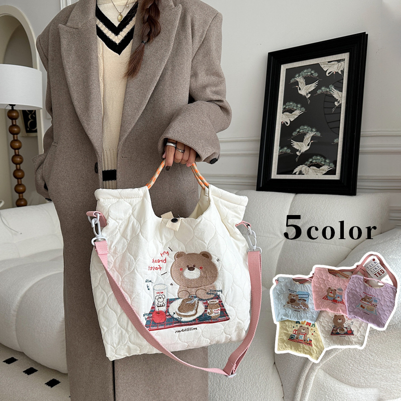 キルティングトートバッグ　ショルダーバッグ　クマ刺繍　イブル素材　韓国ファッション　秋冬　5colors