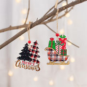 クリスマス装飾、チェック柄スタイル、クリスマスツリー吊り下げ、ペンダント、木製ペンダント