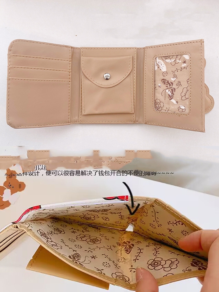 かわいい クマ柄財布 ピンクのチェック柄 PU ミニ財布 三つ折り