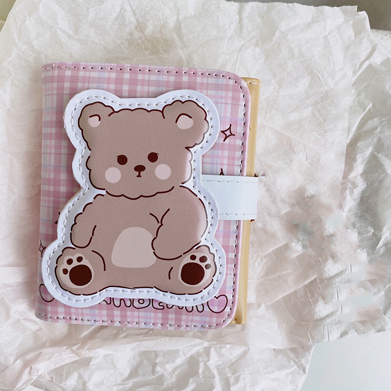 かわいい クマ柄財布 ピンクのチェック柄 PU ミニ財布 三つ折り