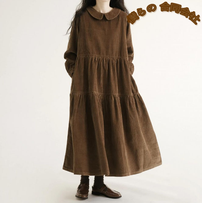レディース服　ゆったり　ファッション　コーデュロイ　ワンピース　シンプル　Aラインワンピース　M#-2XL#